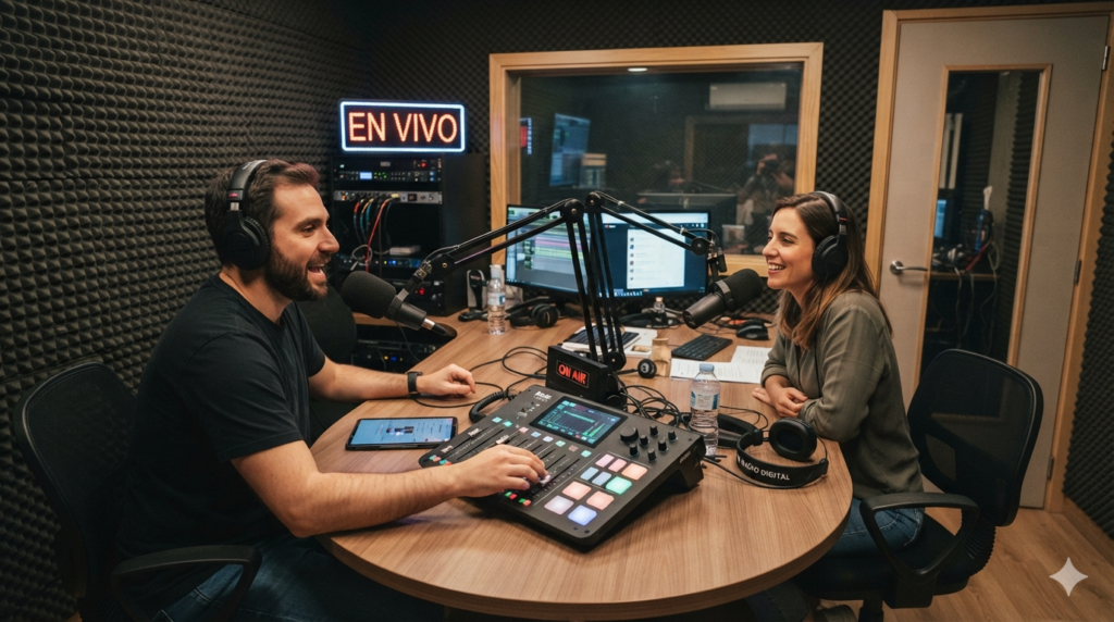 Estudio de radio con elementos digitales representando las tendencias de marketing en la industria radiofonica